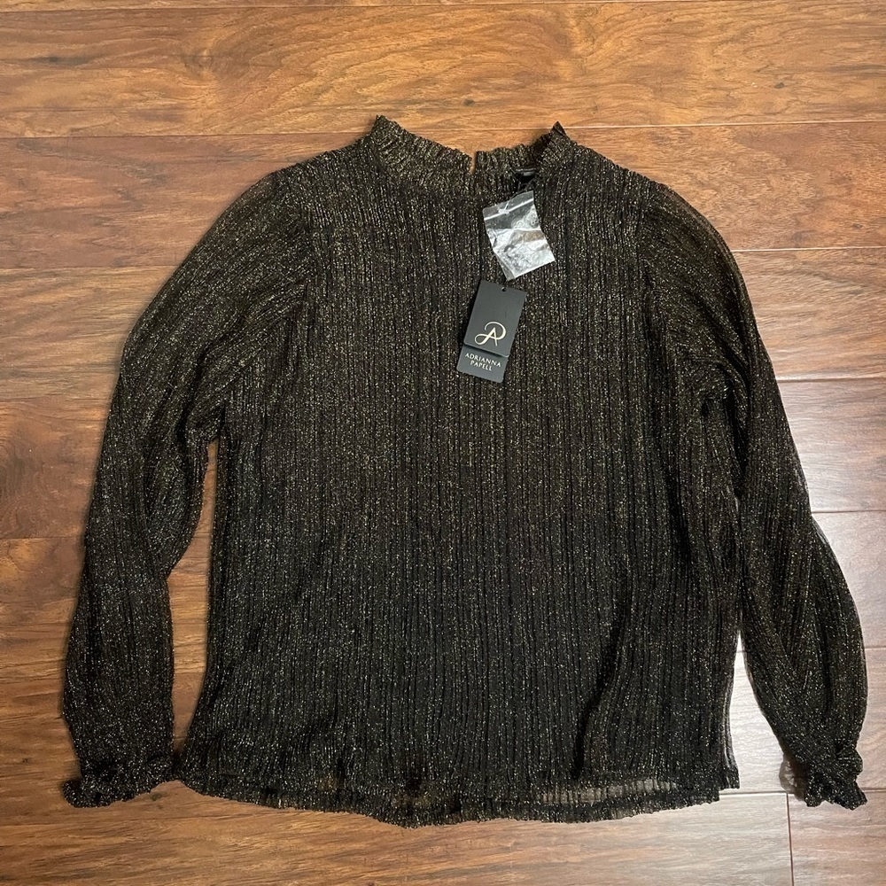 NWT Adrianna Papell Metallic Ruffle Neck Top Size S